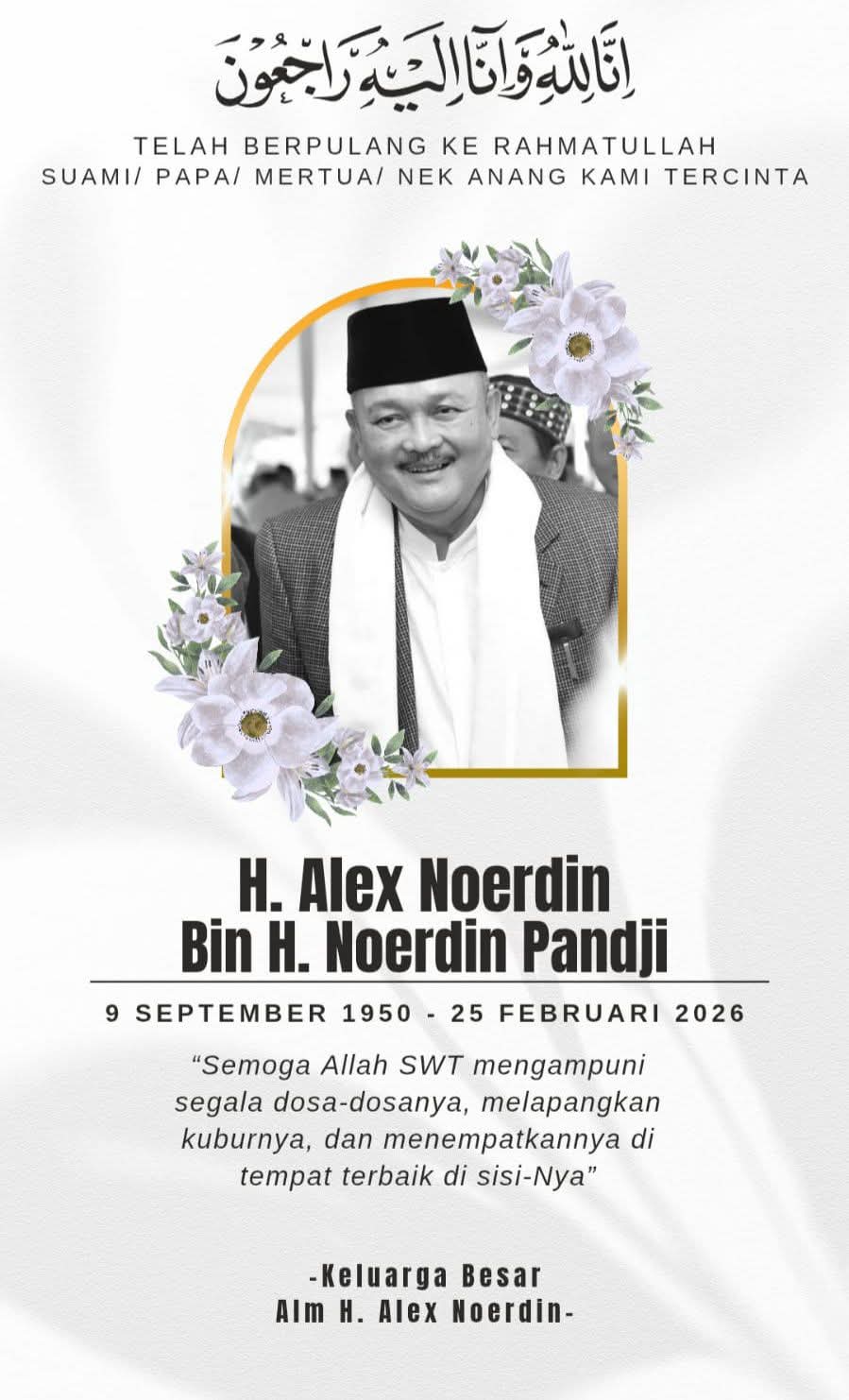 Mantan Gubernur Sumsel Alex Noerdin Tutup Usia