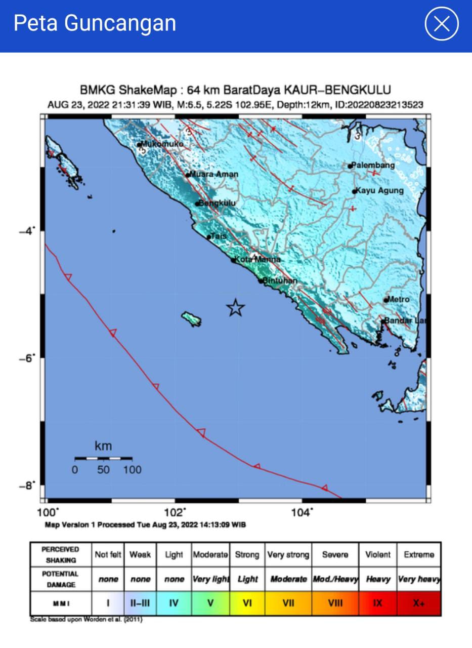 Gempa 6,5 SR Guncang Bengkulu