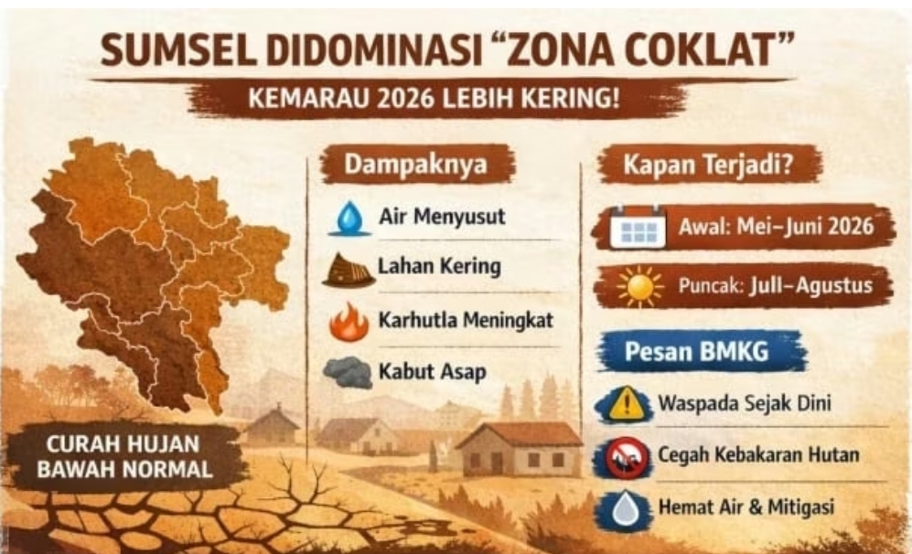 Sumsel Didominasi Zona Coklat, BMKG Sebut Kemarau 2026 Lebih Kering dari Normal