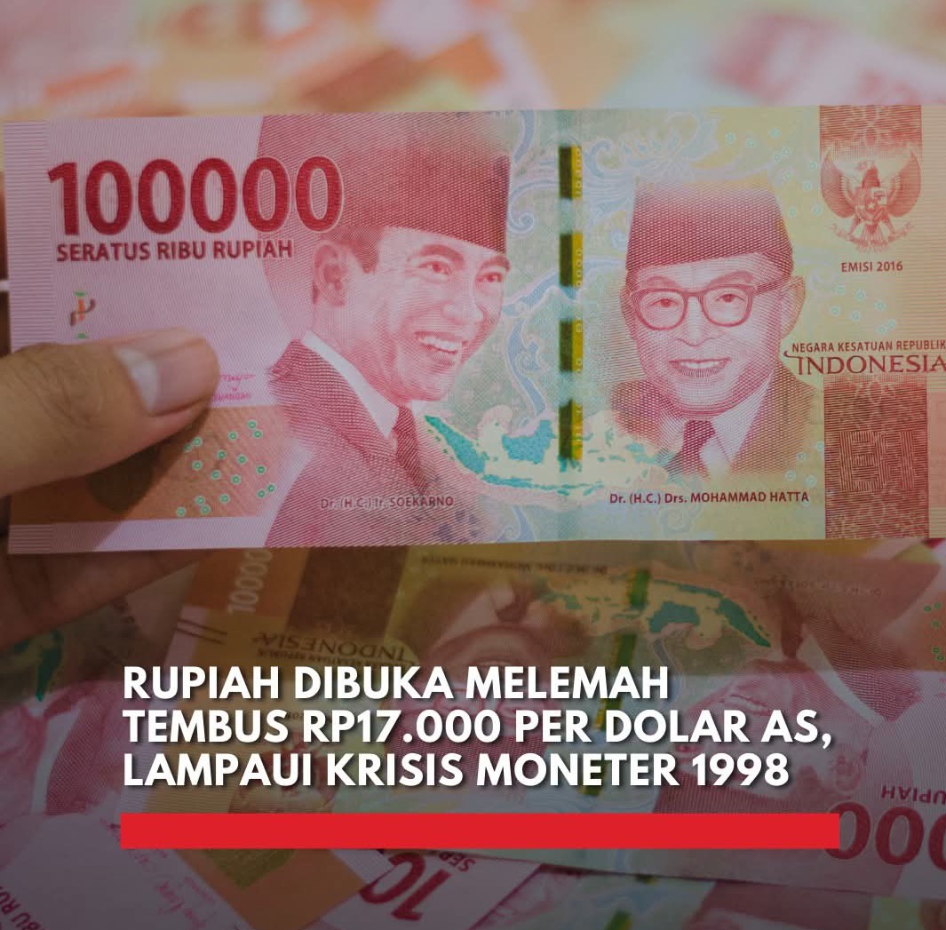 Rupiah Melemah Tembus Rp17.000 per Dolar AS, Lampaui Level Krisis 1998