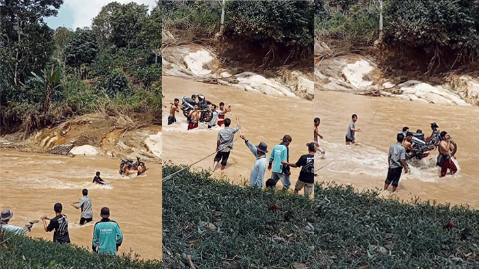 Gunakan Tali Seling, Warga Nekad Seberangi Arus Sungai