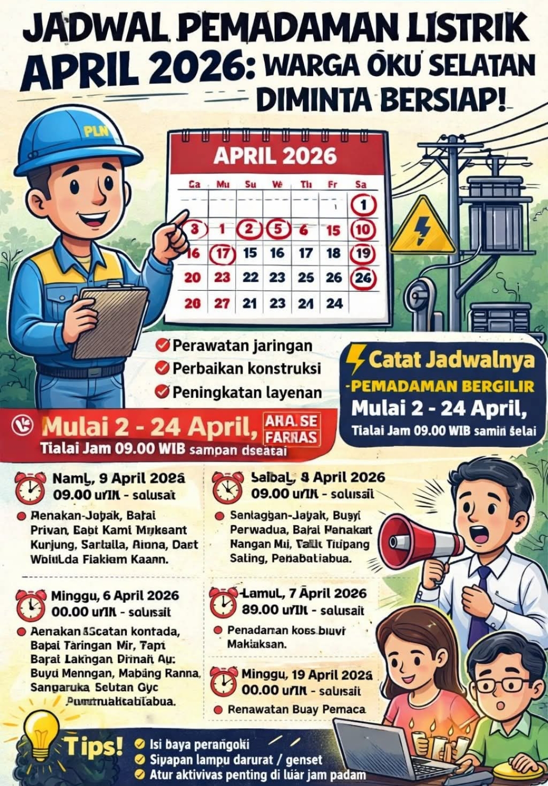 PLN Jadwalkan Pemadaman Bergilir di OKU Selatan Selama April 2026