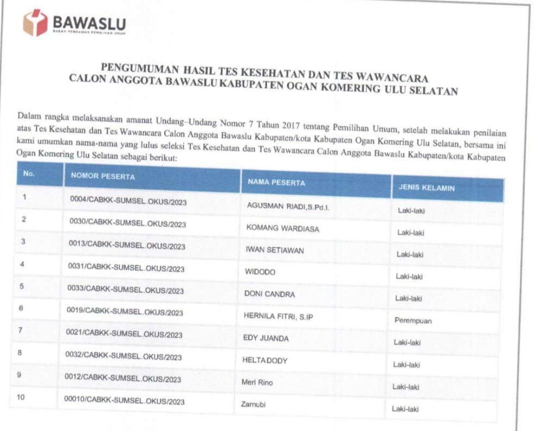 Inilah 10 Nama Calon Anggota Bawaslu 2023-2028 Yang Lulus Hasil Tes Kesehatan Dan Wawancara 