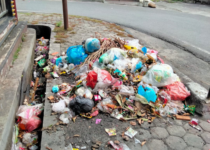 Tumpukan Limbah Sampah Memenuhi Siring Taman Kota dan Berserakan di Trotoar Jalan