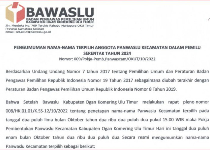 Pengumuman Nama-nama Anggota Panwascam Kecamatan Terpilih Kabupaten OKU Selatan