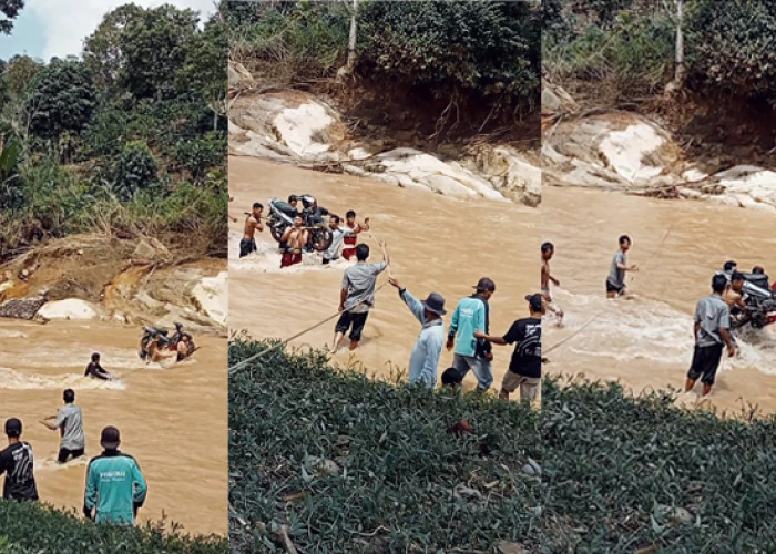 Gunakan Tali Seling, Warga Nekad Seberangi Arus Sungai