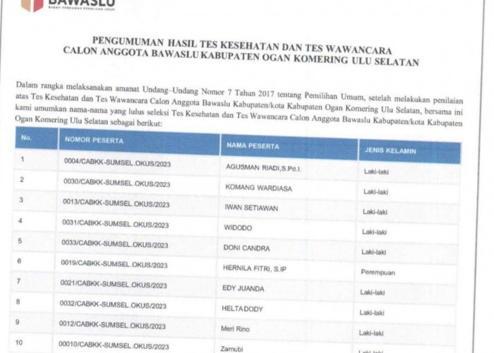 Inilah 10 Nama Calon Anggota Bawaslu 2023-2028 Yang Lulus Hasil Tes Kesehatan Dan Wawancara 